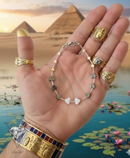 BRANSOLETKA SREBRNE I ZŁOTE HEMATYTY I SERCA Z MASY PERŁOWEJ