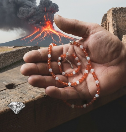 KOMPLET BIŻUTERII Z KAMIENIA KOCIE OKO I KAMIENIA KSIĘŻYCOWEGO W KOLORACH CZERWONYM I BIAŁYM OD VIVA JEWELRY & ART