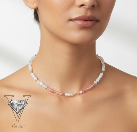 BIAŁO - RÓŻOWY NASZYJNIK Z KAMIENIA KSIĘŻYCOWEGO I KAMIENAI KOCIE OKO OD VIVA JEWELRY