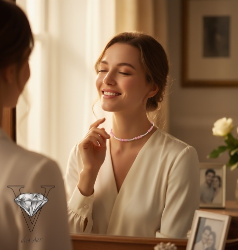 NASZYJNIK Z CHALCEDONU RÓŻOWEGO I  SREBRNYCH KULECZEK