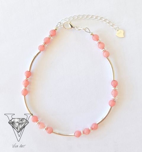 BRANSOLETKA Z RÓŻOWEGO CHALCEDONU I SREBRA PRÓBY 925 W FORMIE KULECZEK I PRZEKŁADEK