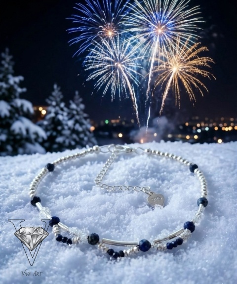 SREBRNA BRANSOLETKA Z CIEMNONIEBIESKICH KAMIENI LAPIS LAZULI ZIMOWY BŁĘKIT