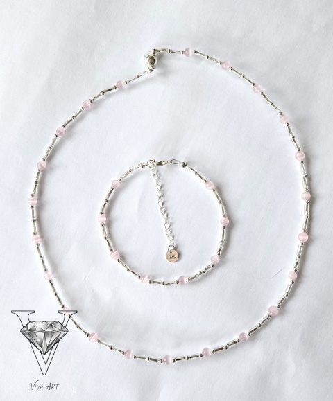 NASZYJNIK I BRANSOLETKA Z RÓŻOWEGO KOCIEGO OKA I SREBRNYCH KULECZEK OD VIVA JEWELRY & ART
