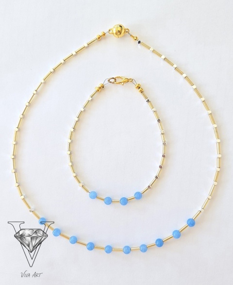 KOMPLET BIŻUTERII Z NIEBIESKIEGO AKWAMARYNU I HEMETYTU SREBRNEGO