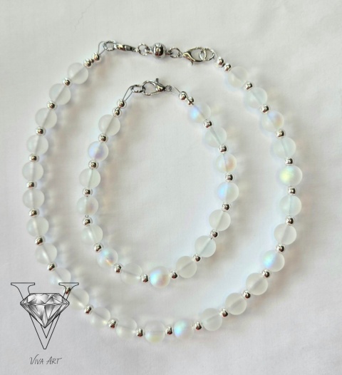 KOMPLET BIŻUTERII PRZEZIERNY KAMIEŃ KSIĘŻYCOWY I SREBRNE KULECZKI